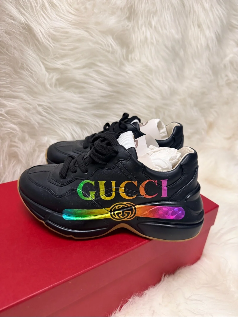 Gucci Black Leather Sneakers with Rainbow Logo